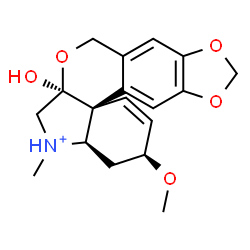 ChemSpider 2D Image | (3S,4aR,6aS,13bS)-6a-Hydroxy-3-methoxy-5-methyl-3,4,4a,5,6,6a-hexahydro-8H-[1,3]dioxolo[6,7]isochromeno[3,4-c]indol-5-ium | C18H22NO5