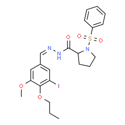 ChemSpider 2D Image | N'-[(Z)-(3-Iodo-5-methoxy-4-propoxyphenyl)methylene]-1-(phenylsulfonyl)-2-pyrrolidinecarbohydrazide (non-preferred name) | C22H26IN3O5S