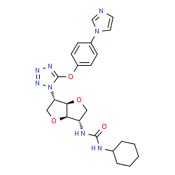ChemSpider 2D Image | 1,4:3,6-Dianhydro-2-[(cyclohexylcarbamoyl)amino]-2,5-dideoxy-5-{5-[4-(1H-imidazol-1-yl)phenoxy]-1H-tetrazol-1-yl}-L-iditol | C23H28N8O4