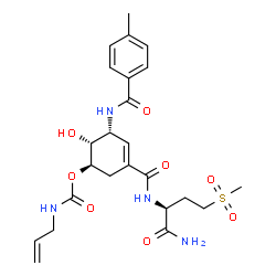 ChemSpider 2D Image | (1R,5R,6R)-3-{[(2S)-1-Amino-4-(methylsulfonyl)-1-oxo-2-butanyl]carbamoyl}-6-hydroxy-5-[(4-methylbenzoyl)amino]-3-cyclohexen-1-yl allylcarbamate | C24H32N4O8S