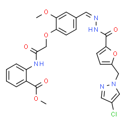 ChemSpider 2D Image | Methyl 2-[({4-[(Z)-({5-[(4-chloro-1H-pyrazol-1-yl)methyl]-2-furoyl}hydrazono)methyl]-2-methoxyphenoxy}acetyl)amino]benzoate | C27H24ClN5O7