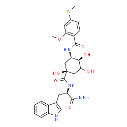 ChemSpider 2D Image | Nalpha-{[(1S,3R,4R,5S)-1,3,4-Trihydroxy-5-{[2-methoxy-4-(methylsulfanyl)benzoyl]amino}cyclohexyl]carbonyl}-D-tryptophanamide | C27H32N4O7S