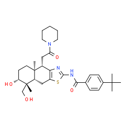 ChemSpider 2D Image | N-{(4S,4aR,7R,8R,8aS)-7-Hydroxy-8-(hydroxymethyl)-4a,8-dimethyl-4-[2-oxo-2-(1-piperidinyl)ethyl]-4,4a,5,6,7,8,8a,9-octahydronaphtho[2,3-d][1,3]thiazol-2-yl}-4-(2-methyl-2-propanyl)benzamide | C32H45N3O4S