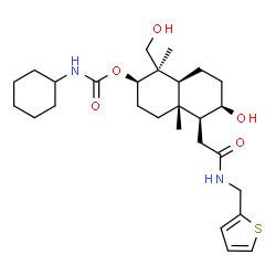 ChemSpider 2D Image | (1R,2R,4aR,5S,6R,8aS)-6-Hydroxy-1-(hydroxymethyl)-1,4a-dimethyl-5-{2-oxo-2-[(2-thienylmethyl)amino]ethyl}decahydro-2-naphthalenyl cyclohexylcarbamate | C27H42N2O5S