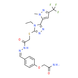ChemSpider 2D Image | 2-{4-[(Z)-{[({4-Ethyl-5-[1-methyl-3-(trifluoromethyl)-1H-pyrazol-5-yl]-4H-1,2,4-triazol-3-yl}sulfanyl)acetyl]hydrazono}methyl]phenoxy}acetamide | C20H21F3N8O3S