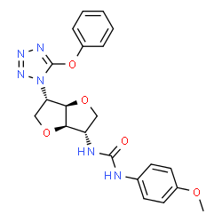 ChemSpider 2D Image | 1,4:3,6-Dianhydro-2,5-dideoxy-2-{[(4-methoxyphenyl)carbamoyl]amino}-5-(5-phenoxy-1H-tetrazol-1-yl)-L-iditol | C21H22N6O5