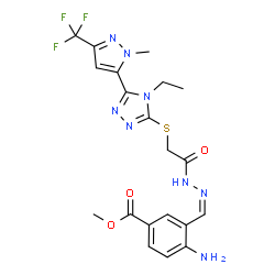 ChemSpider 2D Image | Methyl 4-amino-3-[(Z)-{[({4-ethyl-5-[1-methyl-3-(trifluoromethyl)-1H-pyrazol-5-yl]-4H-1,2,4-triazol-3-yl}sulfanyl)acetyl]hydrazono}methyl]benzoate | C20H21F3N8O3S