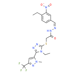 ChemSpider 2D Image | 2-({4-Ethyl-5-[1-methyl-3-(trifluoromethyl)-1H-pyrazol-5-yl]-4H-1,2,4-triazol-3-yl}sulfanyl)-N'-[(Z)-(4-ethyl-3-nitrophenyl)methylene]acetohydrazide | C20H21F3N8O3S