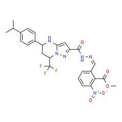ChemSpider 2D Image | Methyl 2-[(Z)-({[5-(4-isopropylphenyl)-7-(trifluoromethyl)-4,5,6,7-tetrahydropyrazolo[1,5-a]pyrimidin-2-yl]carbonyl}hydrazono)methyl]-6-nitrobenzoate | C26H25F3N6O5