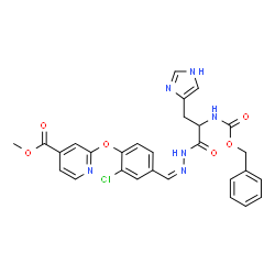 ChemSpider 2D Image | Methyl 2-{4-[(Z)-{[2-{[(benzyloxy)carbonyl]amino}-3-(1H-imidazol-4-yl)propanoyl]hydrazono}methyl]-2-chlorophenoxy}isonicotinate (non-preferred name) | C28H25ClN6O6
