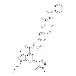 ChemSpider 2D Image | 2-{4-[(Z)-({[6-(1,5-Dimethyl-1H-pyrazol-4-yl)-3-methyl-1-propyl-1H-pyrazolo[3,4-b]pyridin-4-yl]carbonyl}hydrazono)methyl]-2-ethoxyphenoxy}-N-(1-phenylethyl)acetamide | C35H40N8O4