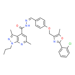 ChemSpider 2D Image | N'-[(Z)-(4-{[2-(2-Chlorophenyl)-5-methyl-1,3-oxazol-4-yl]methoxy}phenyl)methylene]-3,6-dimethyl-1-propyl-1H-pyrazolo[3,4-b]pyridine-4-carbohydrazide | C30H29ClN6O3