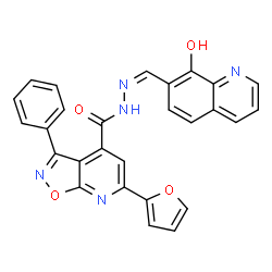 ChemSpider 2D Image | 6-(2-Furyl)-N'-[(Z)-(8-hydroxy-7-quinolinyl)methylene]-3-phenyl[1,2]oxazolo[5,4-b]pyridine-4-carbohydrazide | C27H17N5O4