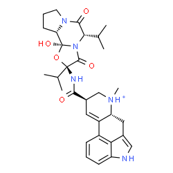 ChemSpider 2D Image | (8beta)-8-{[(2S,5S,10aS,10bS)-10b-Hydroxy-2,5-diisopropyl-3,6-dioxooctahydro-8H-[1,3]oxazolo[3,2-a]pyrrolo[2,1-c]pyrazin-2-yl]carbamoyl}-6-methyl-9,10-didehydroergolin-6-ium | C31H40N5O5