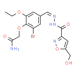 ChemSpider 2D Image | 2-{2-Bromo-6-ethoxy-4-[(Z)-({[5-(hydroxymethyl)-1,2-oxazol-3-yl]carbonyl}hydrazono)methyl]phenoxy}acetamide | C16H17BrN4O6