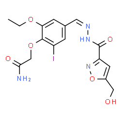 ChemSpider 2D Image | 2-{2-Ethoxy-4-[(Z)-({[5-(hydroxymethyl)-1,2-oxazol-3-yl]carbonyl}hydrazono)methyl]-6-iodophenoxy}acetamide | C16H17IN4O6