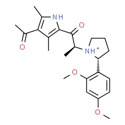 ChemSpider 2D Image | (2R)-1-[(2S)-1-(4-Acetyl-3,5-dimethyl-1H-pyrrol-2-yl)-1-oxo-2-propanyl]-2-(2,4-dimethoxyphenyl)pyrrolidinium | C23H31N2O4