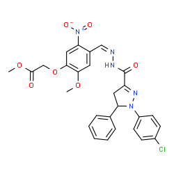 ChemSpider 2D Image | Methyl {4-[(Z)-({[1-(4-chlorophenyl)-5-phenyl-4,5-dihydro-1H-pyrazol-3-yl]carbonyl}hydrazono)methyl]-2-methoxy-5-nitrophenoxy}acetate | C27H24ClN5O7