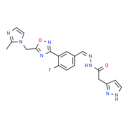 ChemSpider 2D Image | N'-[(Z)-(4-Fluoro-3-{5-[(2-methyl-1H-imidazol-1-yl)methyl]-1,2,4-oxadiazol-3-yl}phenyl)methylene]-2-(1H-pyrazol-3-yl)acetohydrazide | C19H17FN8O2