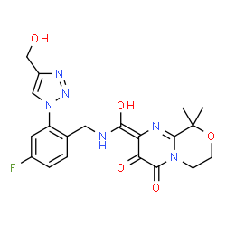 ChemSpider 2D Image | (2Z)-2-[({4-Fluoro-2-[4-(hydroxymethyl)-1H-1,2,3-triazol-1-yl]benzyl}amino)(hydroxy)methylene]-9,9-dimethyl-2,6,7,9-tetrahydropyrimido[2,1-c][1,4]oxazine-3,4-dione | C20H21FN6O5