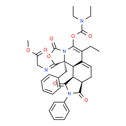 ChemSpider 2D Image | Methyl (Z)-N-{(8aR,11aS,11bR,11cS)-11c-benzyl-5-[(diethylcarbamoyl)oxy]-6-ethyl-3,9,11-trioxo-10-phenyl-8,8a,9,10,11,11a,11b,11c-octahydro-1H-[1,3]oxazolo[4,3-a]pyrrolo[3,4-h]isoquinolin-1-ylidene}gly
cinate | C36H38N4O8