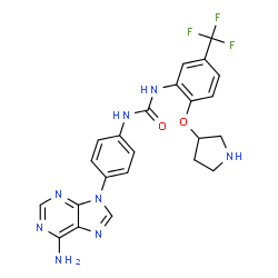 ChemSpider 2D Image | 1-[4-(6-Amino-9H-purin-9-yl)phenyl]-3-[2-(3-pyrrolidinyloxy)-5-(trifluoromethyl)phenyl]urea | C23H21F3N8O2
