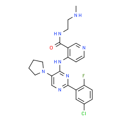 ChemSpider 2D Image | 4-{[2-(5-Chloro-2-fluorophenyl)-5-(1-pyrrolidinyl)-4-pyrimidinyl]amino}-N-[2-(methylamino)ethyl]nicotinamide | C23H25ClFN7O