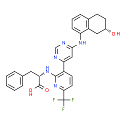 ChemSpider 2D Image | N-[3-(6-{[(7S)-7-Hydroxy-5,6,7,8-tetrahydro-1-naphthalenyl]amino}-4-pyrimidinyl)-6-(trifluoromethyl)-2-pyridinyl]-L-phenylalanine | C29H26F3N5O3