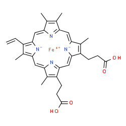 ChemSpider 2D Image | 3-[(1Z,4Z,9Z,15Z)-18-(2-carboxyethyl)-3,7,8,13,17-pentamethyl-12-vinyl-porphyrin-21,23-diid-2-yl]propanoic acid;iron(4+) | C33H32FeN4O4
