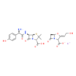 ChemSpider 2D Image | Potassium (3Z,5R)-3-(2-hydroxyethylidene)-7-oxo-4-oxa-1-azabicyclo[3.2.0]heptane-2-carboxylate (2S,5R,6R)-6-{[(2R)-2-amino-2-(4-hydroxyphenyl)acetyl]amino}-3,3-dimethyl-7-oxo-4-thia-1-azabicyclo[3.2.0]heptane-2-carboxylic acid (1:1:1) | C24H27KN4O10S