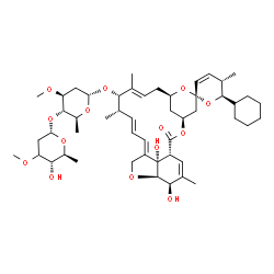 ChemSpider 2D Image | (1'R,2S,4'S,5S,6R,8'R,10'E,12'S,13'S,14'E,16'E,20'R,21'R,24'S)-6-Cyclohexyl-21',24'-dihydroxy-5,11',13',22'-tetramethyl-2'-oxo-5,6-dihydrospiro[pyran-2,6'-[3,7,19]trioxatetracyclo[15.6.1.1~4,8~.0~20,2
4~]pentacosa[10,14,16,22]tetraen]-12'-yl 2,6-dideoxy-4-O-[(3xi)-2,6-dideoxy-3-O-methyl-alpha-L-erythro-hexopyranosyl]-3-O-methyl-alpha-L-arabino-hexopyranoside | C50H74O14