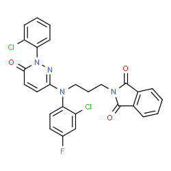 ChemSpider 2D Image | 2-(3-{(2-Chloro-4-fluorophenyl)[1-(2-chlorophenyl)-6-oxo-1,6-dihydro-3-pyridazinyl]amino}propyl)-1H-isoindole-1,3(2H)-dione | C27H19Cl2FN4O3