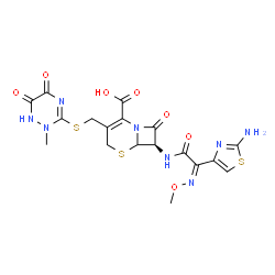 ChemSpider 2D Image | (7R)-7-{[(2Z)-2-(2-Amino-1,3-thiazol-4-yl)-2-(methoxyimino)acetyl]amino}-3-{[(2-methyl-5,6-dioxo-1,2,5,6-tetrahydro-1,2,4-triazin-3-yl)sulfanyl]methyl}-8-oxo-5-thia-1-azabicyclo[4.2.0]oct-2-ene-2-carb
oxylic acid | C18H18N8O7S3
