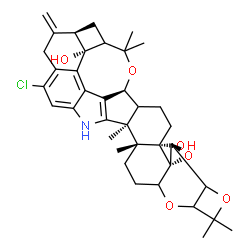 ChemSpider 2D Image | (2bS,3aS,3bS,6S,6dR,8aR,13bS,13cR)-11-Chloro-1,1,13b,13c,17,17-hexamethyl-9-methylene-1,2a,2b,5,5a,6,7,8,8a,9,10,13,13b,13c,14,15,15a,16a-octadecahydro-3bH-6,7-(epoxymethano)cyclobuta[5,6]benzo[1,2-e]
oxeto[3'',2'':2',3']oxireno[4',4a']chromeno[5',6':6,7]indeno[1,2-b]indole-3b,6d(4H)-diol | C37H44ClNO6