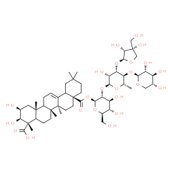ChemSpider 2D Image | beta-D-Xylopyranosyl-(1->4)-6-deoxy-3-O-[(2S,3R,4R)-3,4-dihydroxy-4-(hydroxymethyl)tetrahydro-2-furanyl]-alpha-L-mannopyranosyl-(1->2)-1-O-[(2beta,3beta,5xi,9xi,18xi)-2,3,23-trihydroxy-23,28-dioxoolea
n-12-en-28-yl]-beta-D-glucopyranose | C52H82O23