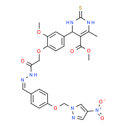 ChemSpider 2D Image | Methyl 4-(3-methoxy-4-{2-[(2Z)-2-{4-[(4-nitro-1H-pyrazol-1-yl)methoxy]benzylidene}hydrazino]-2-oxoethoxy}phenyl)-6-methyl-2-thioxo-1,2,3,4-tetrahydro-5-pyrimidinecarboxylate | C27H27N7O8S