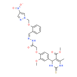 ChemSpider 2D Image | Methyl 4-(3-methoxy-4-{2-[(2Z)-2-{2-[(4-nitro-1H-pyrazol-1-yl)methoxy]benzylidene}hydrazino]-2-oxoethoxy}phenyl)-6-methyl-2-thioxo-1,2,3,4-tetrahydro-5-pyrimidinecarboxylate | C27H27N7O8S