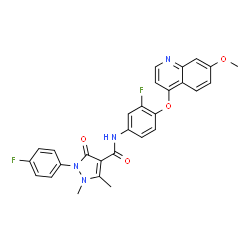 ChemSpider 2D Image | N-{3-Fluoro-4-[(7-methoxy-4-quinolinyl)oxy]phenyl}-2-(4-fluorophenyl)-1,5-dimethyl-3-oxo-2,3-dihydro-1H-pyrazole-4-carboxamide | C28H22F2N4O4