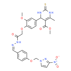 ChemSpider 2D Image | Methyl 4-(3-methoxy-4-{2-[(2Z)-2-{4-[(3-nitro-1H-pyrazol-1-yl)methoxy]benzylidene}hydrazino]-2-oxoethoxy}phenyl)-6-methyl-2-thioxo-1,2,3,4-tetrahydro-5-pyrimidinecarboxylate | C27H27N7O8S