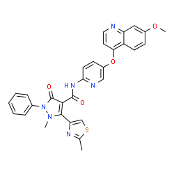 ChemSpider 2D Image | N-{5-[(7-Methoxy-4-quinolinyl)oxy]-2-pyridinyl}-1-methyl-5-(2-methyl-1,3-thiazol-4-yl)-3-oxo-2-phenyl-2,3-dihydro-1H-pyrazole-4-carboxamide | C30H24N6O4S