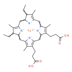 ChemSpider 2D Image | Iron(4+) 13,17-bis(2-carboxyethyl)-2,7-diethylidene-3,8,12,18-tetramethyl-2H,7H-porphine-21,22,23,24-tetraide | C34H34FeN4O4