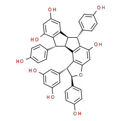 ChemSpider 2D Image | (1R,2R,6R,6aR,11R,11aR)-1-(3,5-Dihydroxyphenyl)-2,6,11-tris(4-hydroxyphenyl)-1,2,6,6a,11,11a-hexahydroindeno[1',2':2,3]indeno[5,4-b]furan-5,8,10-triol | C42H32O9