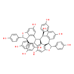 ChemSpider 2D Image | (3S,4R,4aS,5S,9bR,10R)-4-[(2R,3R)-3-(3,5-Dihydroxyphenyl)-6-hydroxy-2-(4-hydroxyphenyl)-2,3-dihydro-1-benzofuran-4-yl]-3,5,10-tris(4-hydroxyphenyl)-3,4,4a,5,9b,10-hexahydro-11-oxabenzo[5,6]cyclohepta[
1,2,3,4-jkl]-as-indacene-2,6,8-triol | C56H42O12