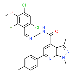 ChemSpider 2D Image | N'-[(Z)-(4,6-Dichloro-2-fluoro-3-methoxyphenyl)methylene]-1,3-dimethyl-6-(4-methylphenyl)-1H-pyrazolo[3,4-b]pyridine-4-carbohydrazide | C24H20Cl2FN5O2