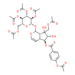 ChemSpider 2D Image | (4aR,5S,6R,7aS)-7-(Acetoxymethyl)-6,7-dihydroxy-1-[(2,3,4,6-tetra-O-acetyl-beta-D-glucopyranosyl)oxy]-1,4a,5,6,7,7a-hexahydrocyclopenta[c]pyran-5-yl 4-acetoxybenzoate | C34H40O19