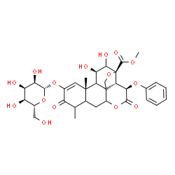 ChemSpider 2D Image | Methyl (4xi,5xi,7xi,8xi,9xi,11beta,13beta,15beta)-2-(beta-D-allopyranosyloxy)-11,12-dihydroxy-3,16-dioxo-15-phenoxy-13,20-epoxypicras-1-en-21-oate | C33H40O15