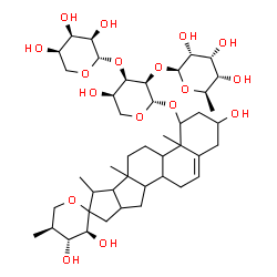 ChemSpider 2D Image | (3'S,4'R,5'S)-2,3',4'-Trihydroxy-4a,5',6a,7-tetramethyl-2,3,3',4,4',4a,4b,5,5',6,6',6a,6b,7,9,9a,10,10a,10b,11-icosahydro-1H-spiro[pentaleno[2,1-a]phenanthrene-8,2'-pyran]-4-yl 6-deoxy-beta-D-allopyra
nosyl-(1->2)-[beta-D-ribopyranosyl-(1->3)]-beta-D-ribopyranoside | C44H70O17