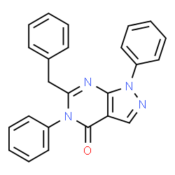 ChemSpider 2D Image | 6-Benzyl-1,5-diphenyl-1,5-dihydro-pyrazolo[3,4-d]pyrimidin-4-one | C24H18N4O