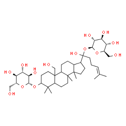 ChemSpider 2D Image | (2S,3R,4S,5S,6R)-2-({1-Hydroxy-1-[10-(hydroxymethyl)-4,4,8,14-tetramethyl-3-{[(2R,3R,4S,5S,6R)-3,4,5-trihydroxy-6-(hydroxymethyl)tetrahydro-2H-pyran-2-yl]oxy}hexadecahydro-1H-cyclopenta[a]phenanthren-
17-yl]-5-methyl-4-hexen-1-yl}oxy)-6-(hydroxymethyl)tetrahydro-2H-pyran-3,4,5-triol | C41H70O14