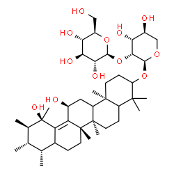 ChemSpider 2D Image | (6aR,6bS,9R,10S,11R,12R,13S,14bR)-12,13-Dihydroxy-4,4,6a,6b,9,10,11,12,14b-nonamethyl-1,2,3,4,4a,5,6,6a,6b,7,8,8a,9,10,11,12,13,14,14a,14b-icosahydro-3-picenyl 2-O-beta-D-glucopyranosyl-alpha-L-lyxopy
ranoside | C42H70O12